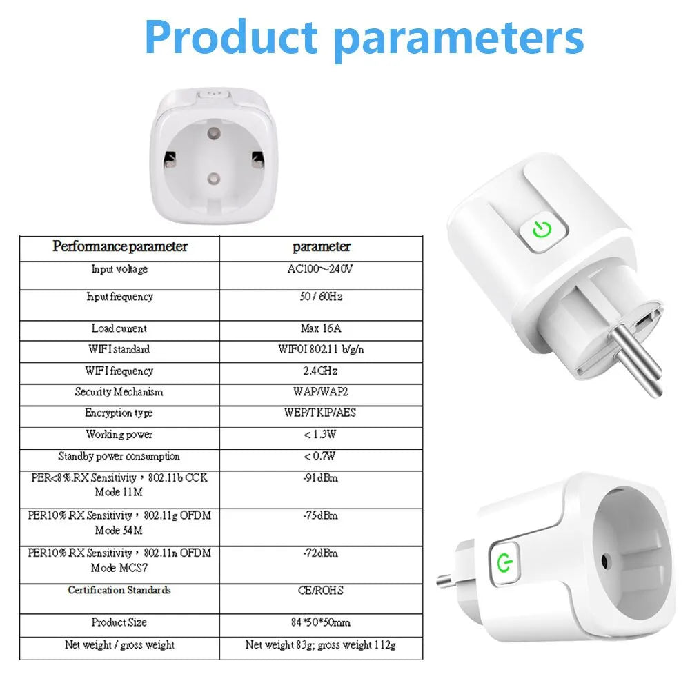 Smart Plug Wifi Socket EU 16A/20A with Power Monitor Timing Function Tuya App Smart Life APP Works with Alexa Google Home